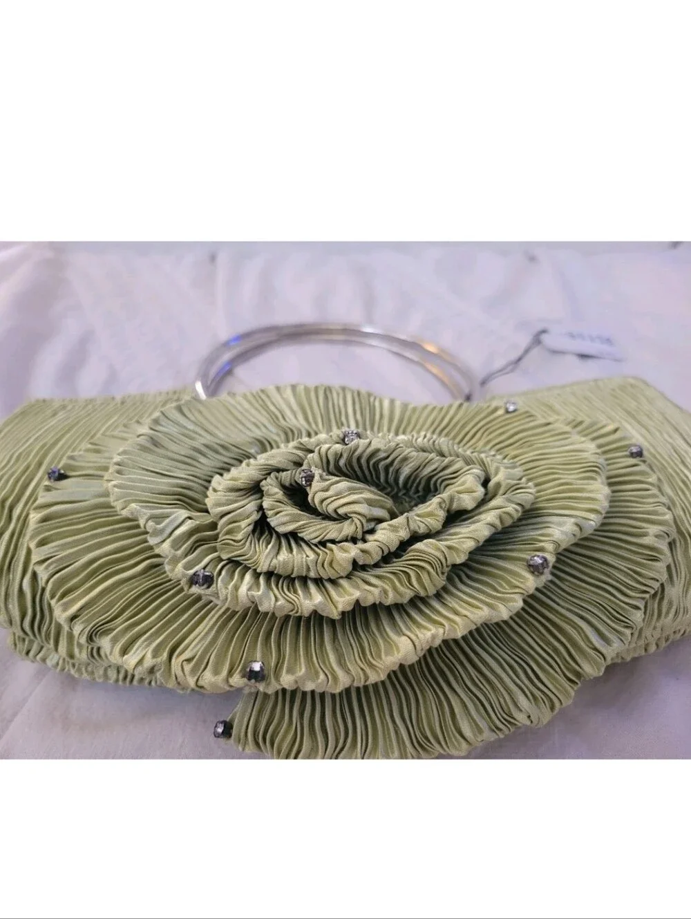 Y2k Retro Satin Purse Clutch Sage Rhinestone Pleated Handbag Silver Hoop Handle